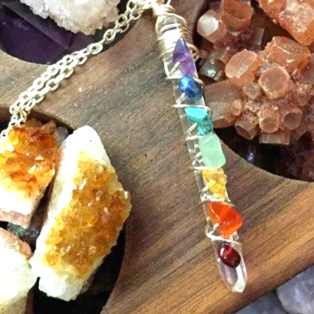 Chakra Stone Wire Wrapped Crystal Pendant Necklace